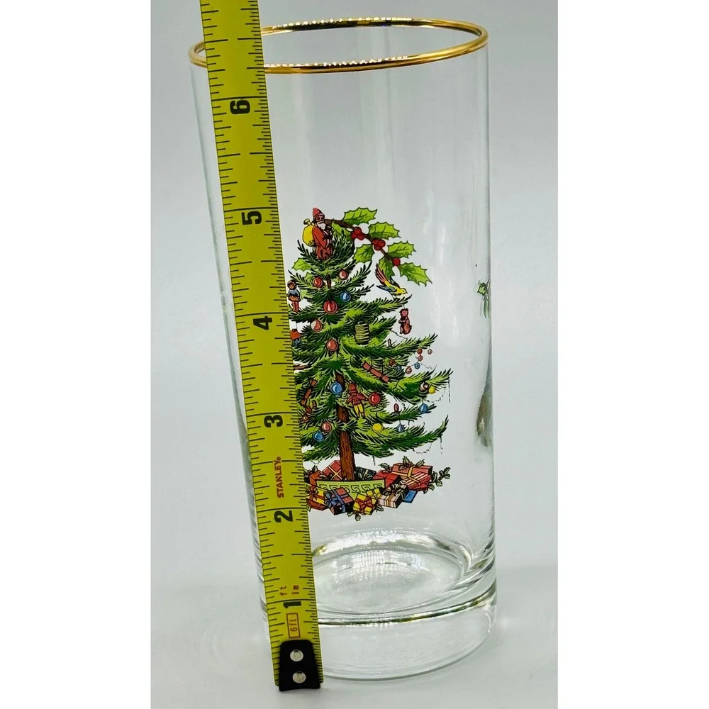 Spode Christmas Tree Highball Glasses Tumblers Clear Gold Rim Set of 4 Boxed